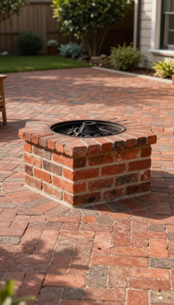 Brick fire pit centered on a herringbone brick patio in a bright backyard courtyard