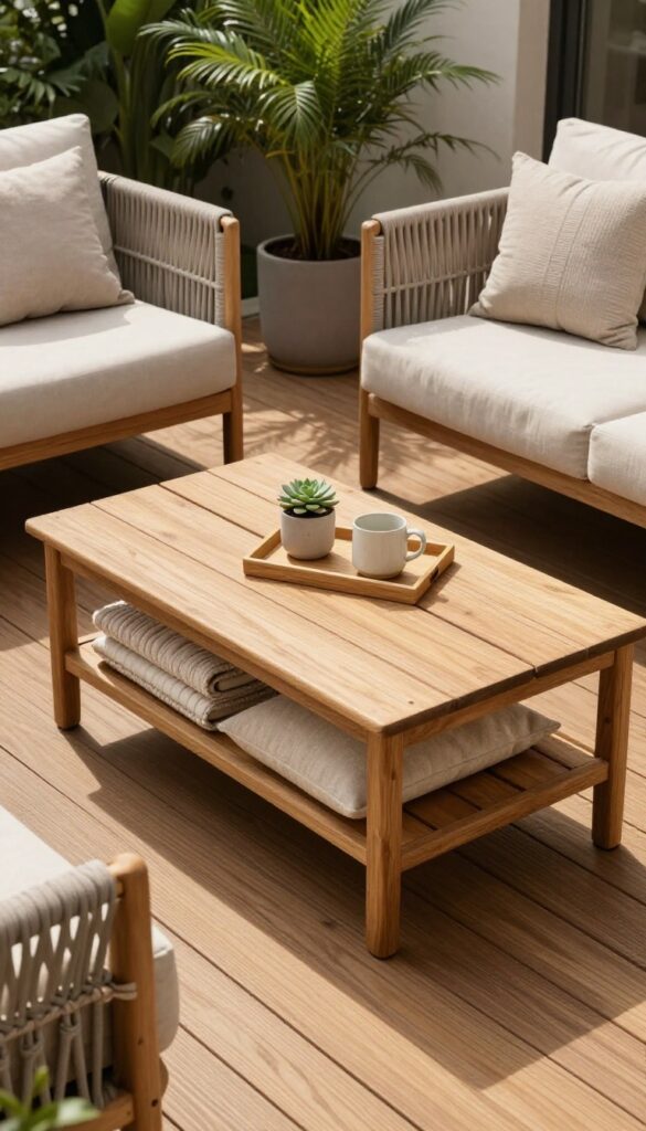 Outdoor deck with a wooden storage coffee table between sofas, holding a tray with mugs and a plant, with folded blankets visible inside the table.