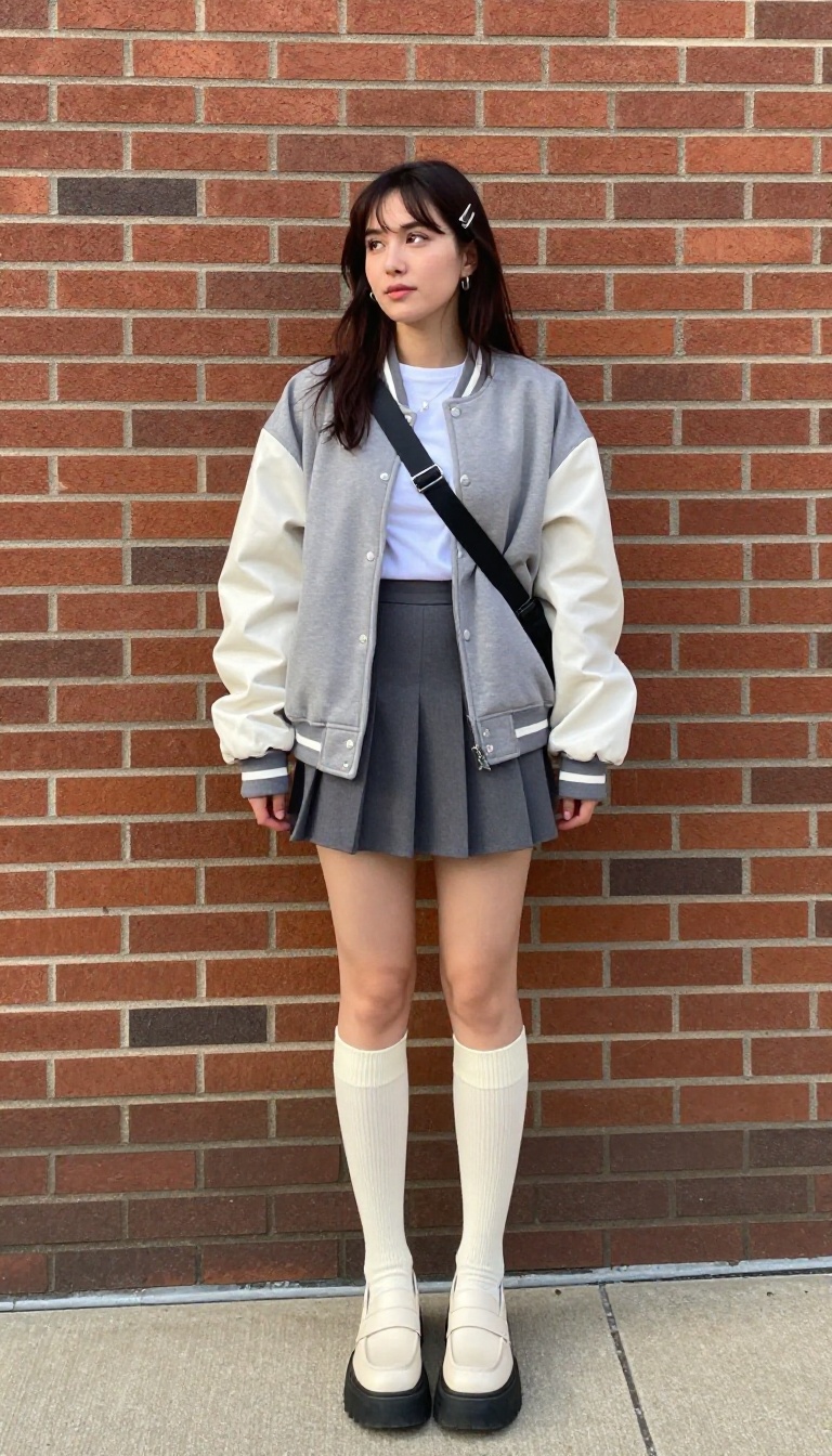 2. Cropped Varsity Jacket + Pleated Mini Skirt + Knee-High Socks