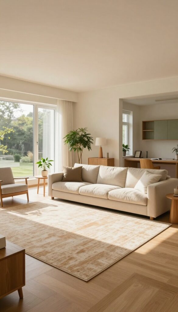 Bright open-plan living room divided into multiple cozy zones with a central sofa, separate area rugs, and a reading nook