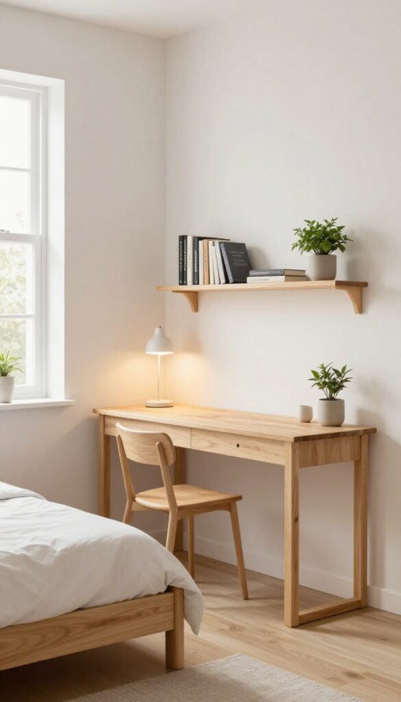 Bright small bedroom with a light wood loft bed raised above a compact desk and chair, wall shelves with books and a plant, and a ladder attached to the bed frame.