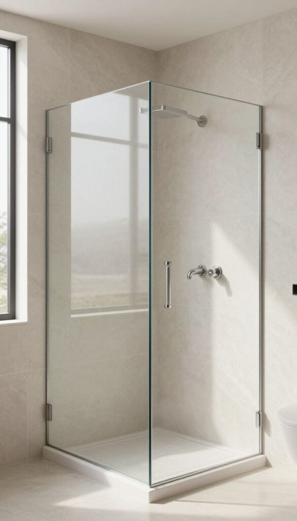 Modern walk-in shower with large format stone-look tiles and minimal grout lines in a bright, clean, luxe bathroom