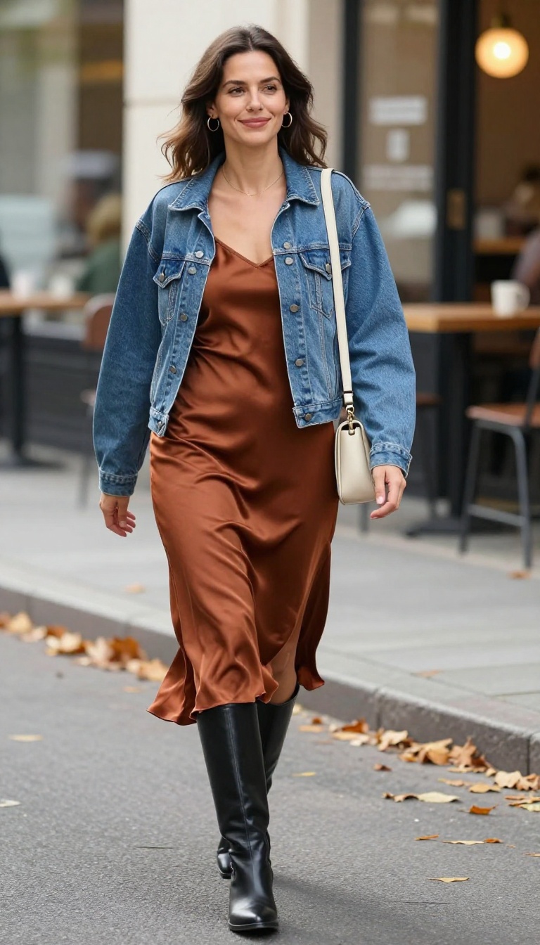 8. Denim Jacket Over a Slip Dress With Knee-High Boots